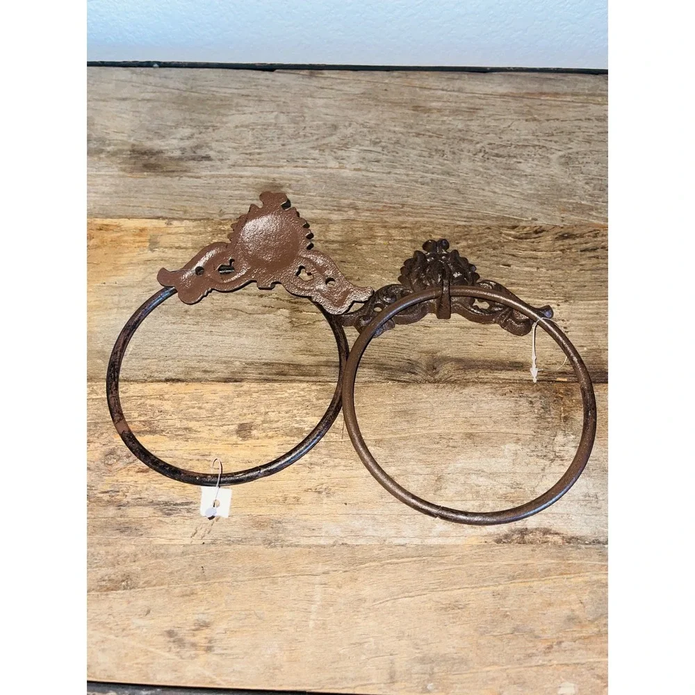 Unbranded Home Cast Iron Towel Ring Set OS Brown Ornate Chabby Chic Brutalist